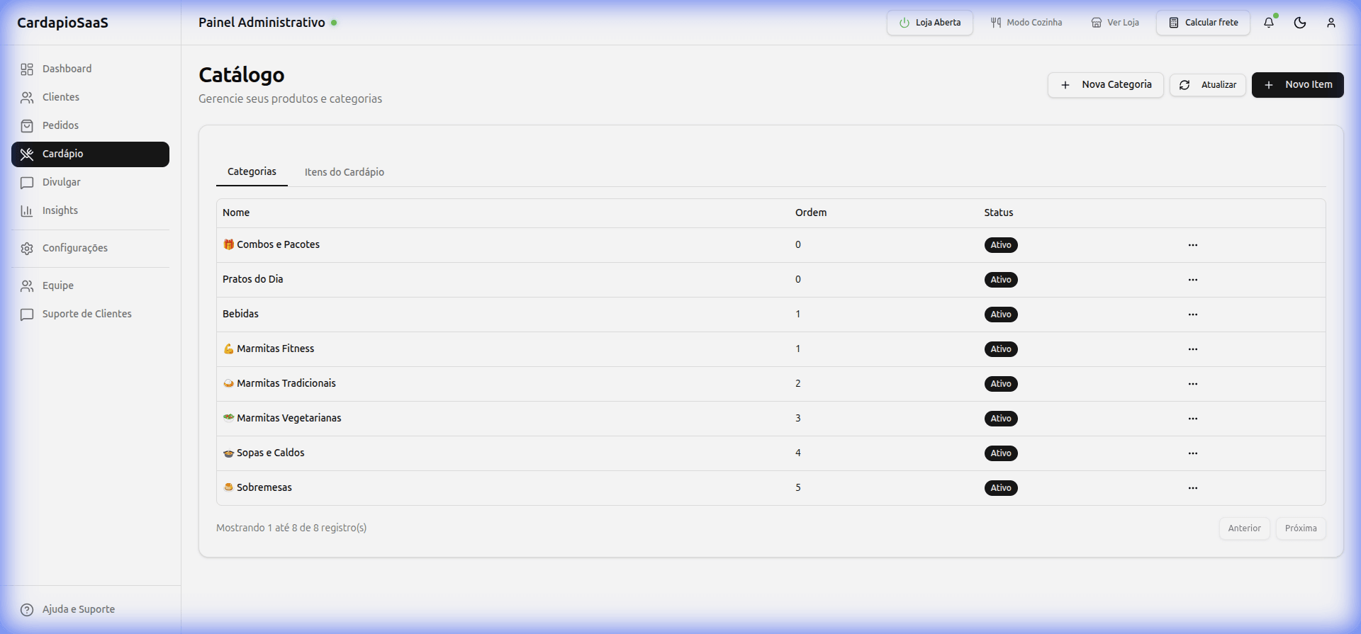 Editor de Cardápio e Produtos